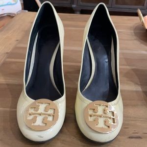 Tory Burch white and gold patent leather heels
